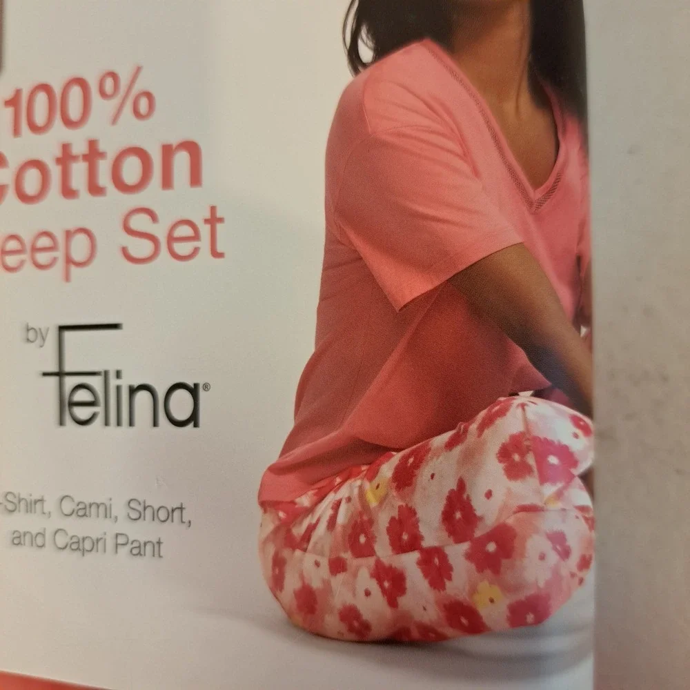 Felina Womens Sleep Set M Pink NWT 4pc Cotton Tee Cami Short 1728-280